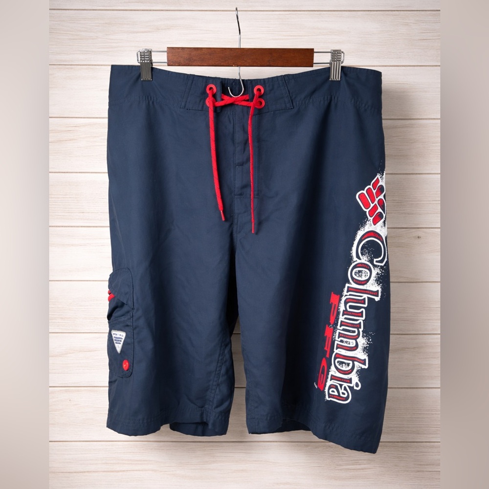 Columbia PFG Board Shorts Mens 38x11 Navy Blue & Red Shore Fishing Trunks